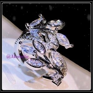New 925 silver simulated diamond leaf wrap-around pave marquise statement ring